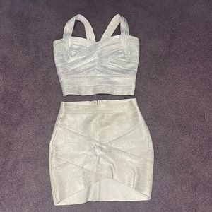 Silver metallic crop top and mini skirt set